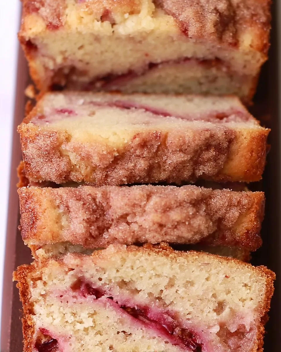 Freshly baked rhubarb bread loaf sliced and served on a wooden board, showing moist texture and pink rhubarb specks.