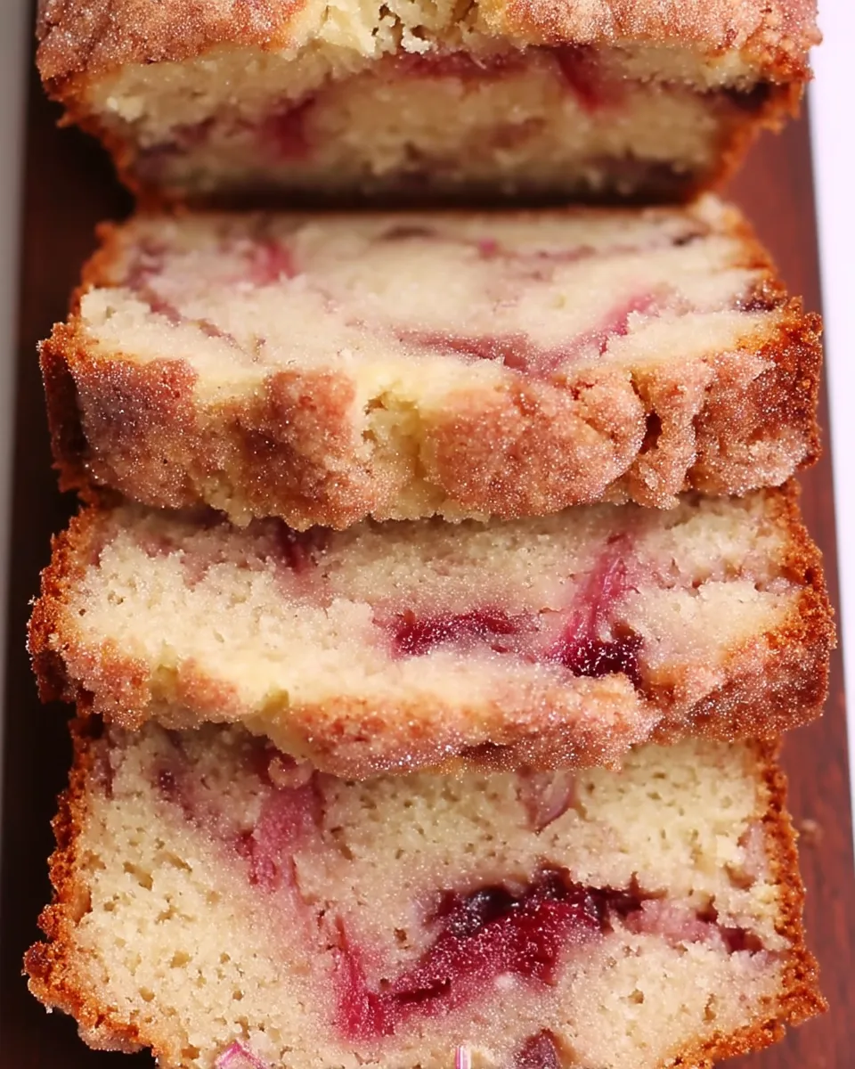 Freshly baked rhubarb bread loaf sliced and served on a wooden board, showing moist texture and pink rhubarb specks.