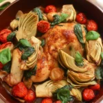 Roasted lemon artichoke chicken served in a skillet with golden-brown chicken thighs, tender artichokes, and fresh herbs.