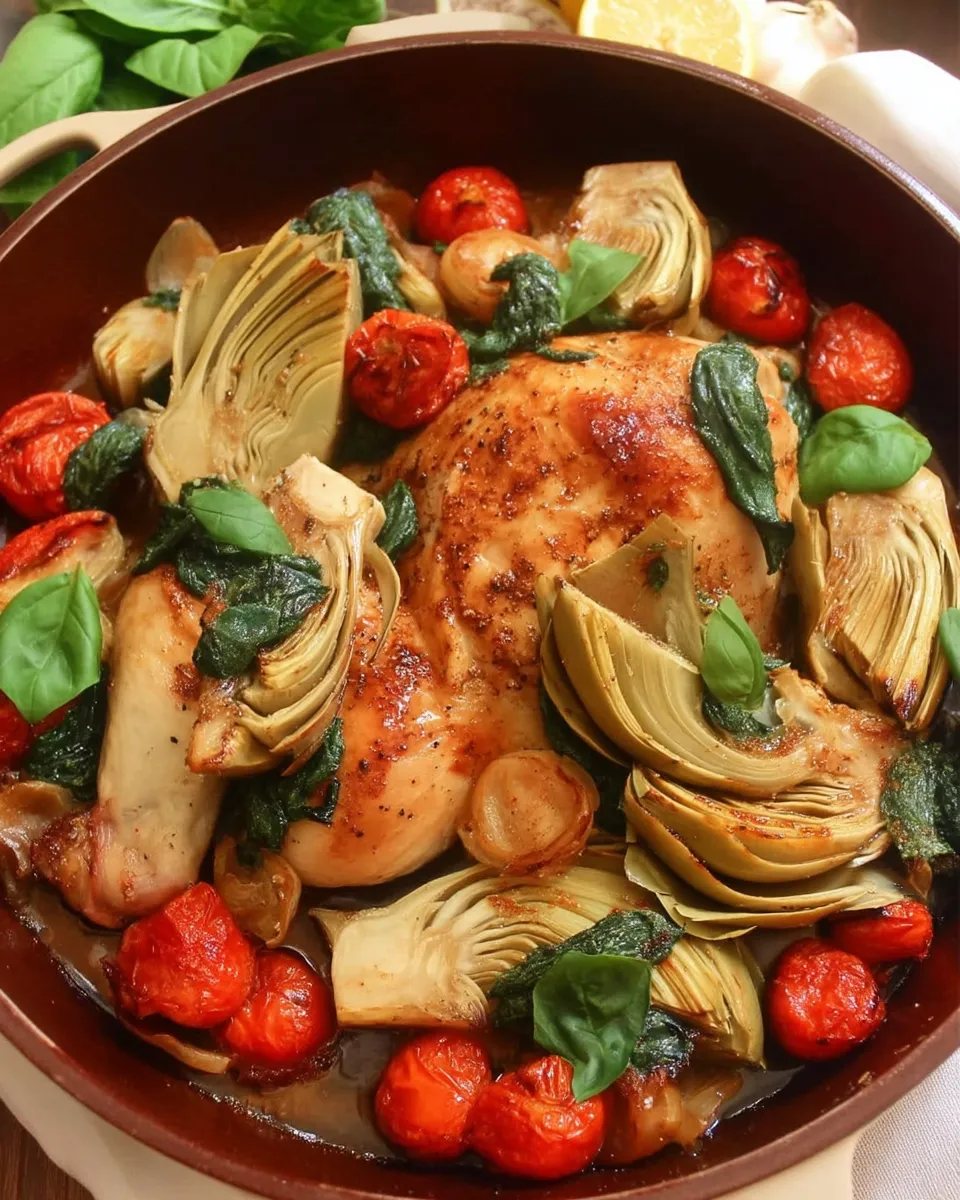 Roasted lemon artichoke chicken served in a skillet with golden-brown chicken thighs, tender artichokes, and fresh herbs.