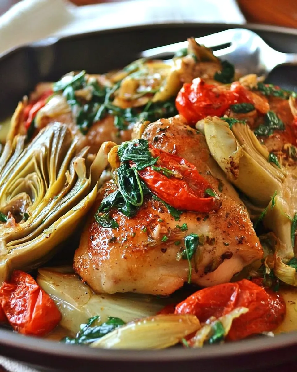 Roasted lemon artichoke chicken served in a skillet with golden-brown chicken thighs, tender artichokes, and fresh herbs.