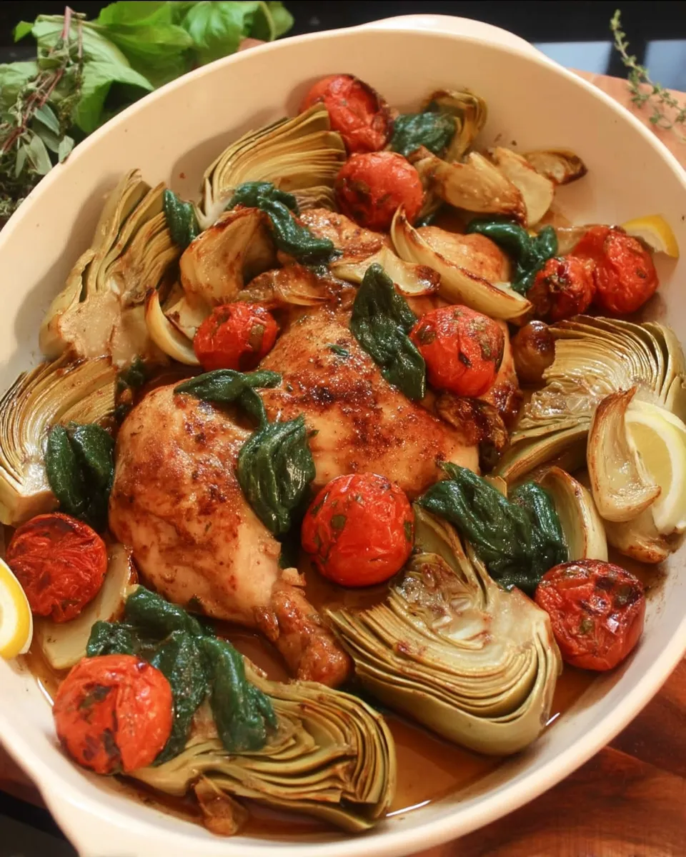 Roasted lemon artichoke chicken served in a skillet with golden-brown chicken thighs, tender artichokes, and fresh herbs.