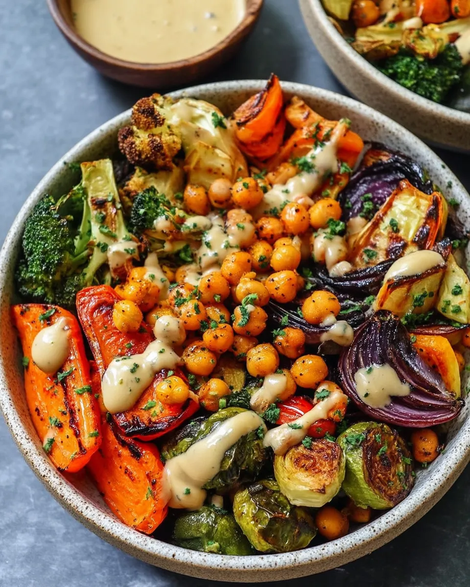 Colorful Roasted Veggie Chickpea Bowls topped with creamy maple tahini dressing, served in a white bowl with quinoa and fresh herbs.