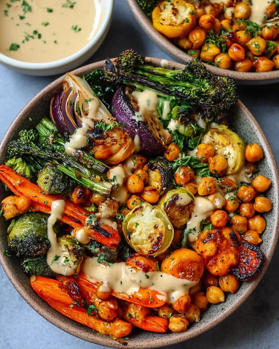 Colorful Roasted Veggie Chickpea Bowls topped with creamy maple tahini dressing, served in a white bowl with quinoa and fresh herbs.