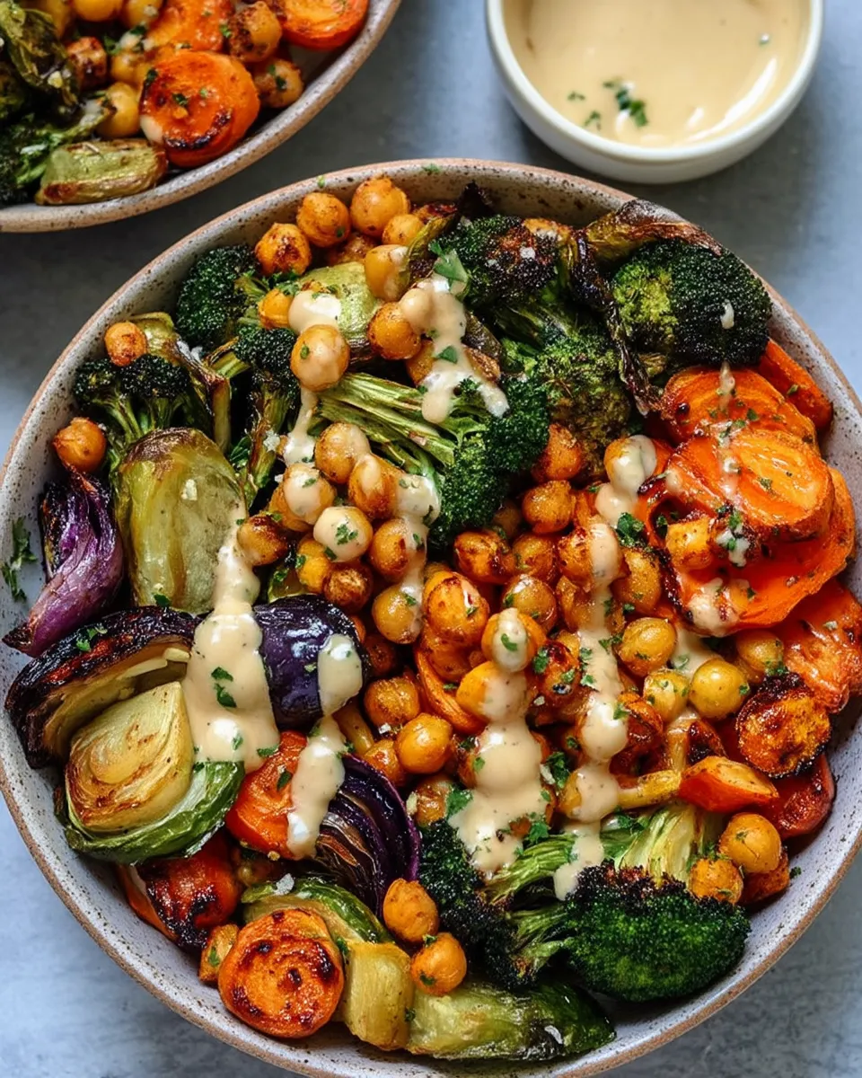 Colorful Roasted Veggie Chickpea Bowls topped with creamy maple tahini dressing, served in a white bowl with quinoa and fresh herbs.