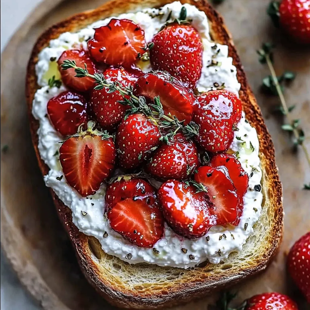 Rustic bread topped with whipped ricotta and honey-roasted strawberries, elegantly plated.