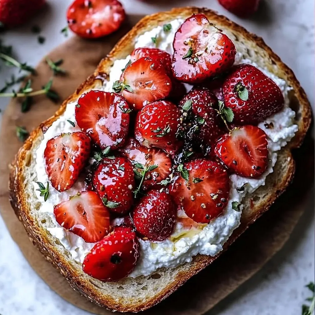 Rustic bread topped with whipped ricotta and honey-roasted strawberries, elegantly plated.