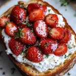 Rustic bread topped with whipped ricotta and honey-roasted strawberries, elegantly plated.