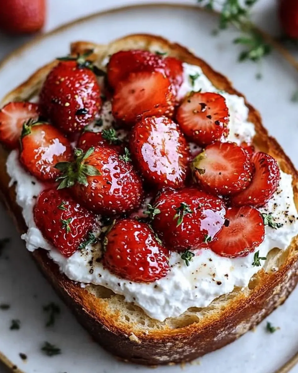 Rustic bread topped with whipped ricotta and honey-roasted strawberries, elegantly plated.