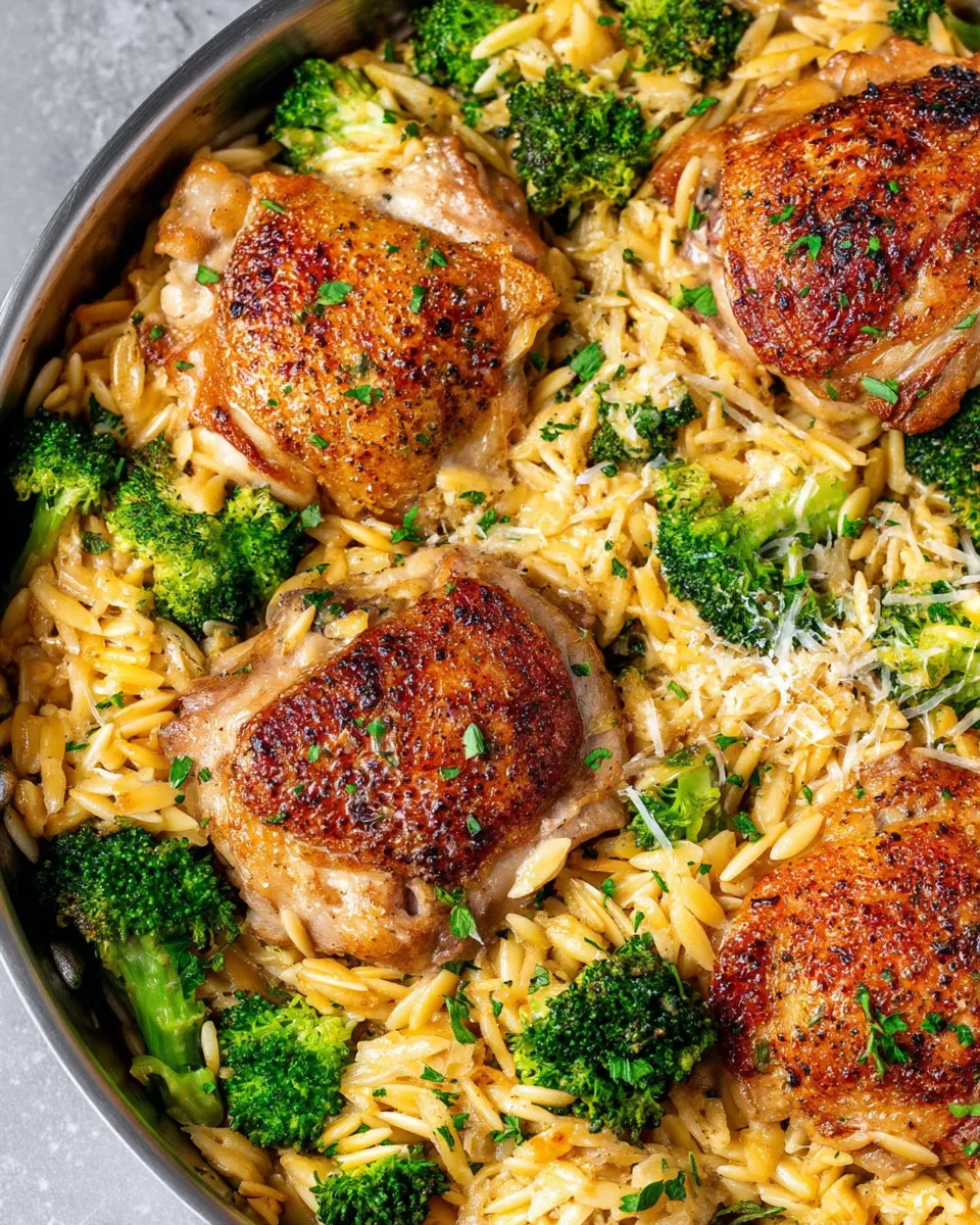 Skillet Chicken Thighs with Broccoli Cheddar Orzo in a cast iron pan, creamy and cheesy with golden brown chicken on top.