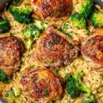 Skillet Chicken Thighs cooked with cheesy broccoli orzo in one pan. A quick, flavorful dinner idea ready in just 30 minutes!