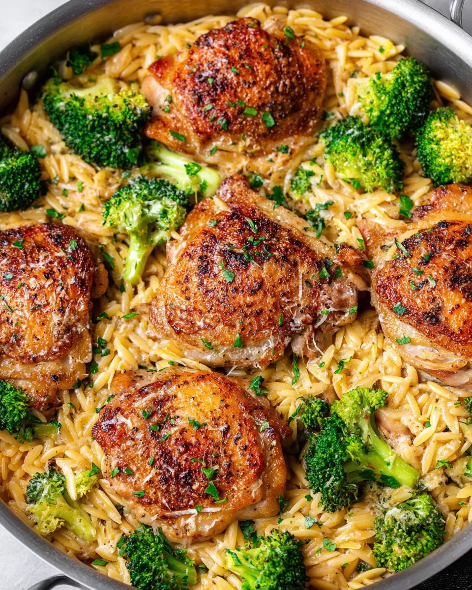 Skillet Chicken Thighs cooked with cheesy broccoli orzo in one pan. A quick, flavorful dinner idea ready in just 30 minutes!