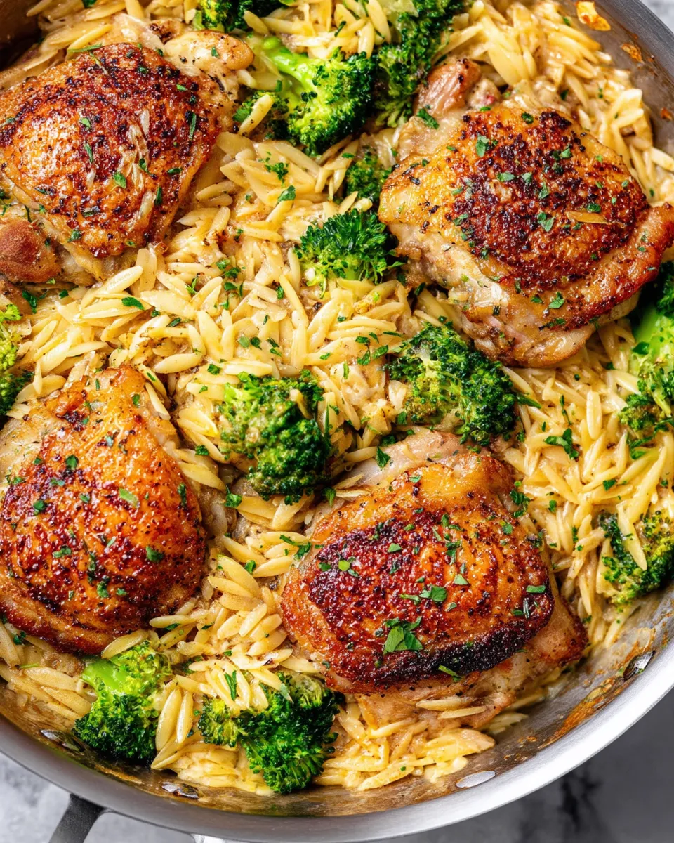 Skillet Chicken Thighs cooked with cheesy broccoli orzo in one pan. A quick, flavorful dinner idea ready in just 30 minutes!