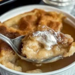 Snickerdoodle Cobbler in a white bowl topped with melting vanilla ice cream and a sprinkle of cinnamon sugar.