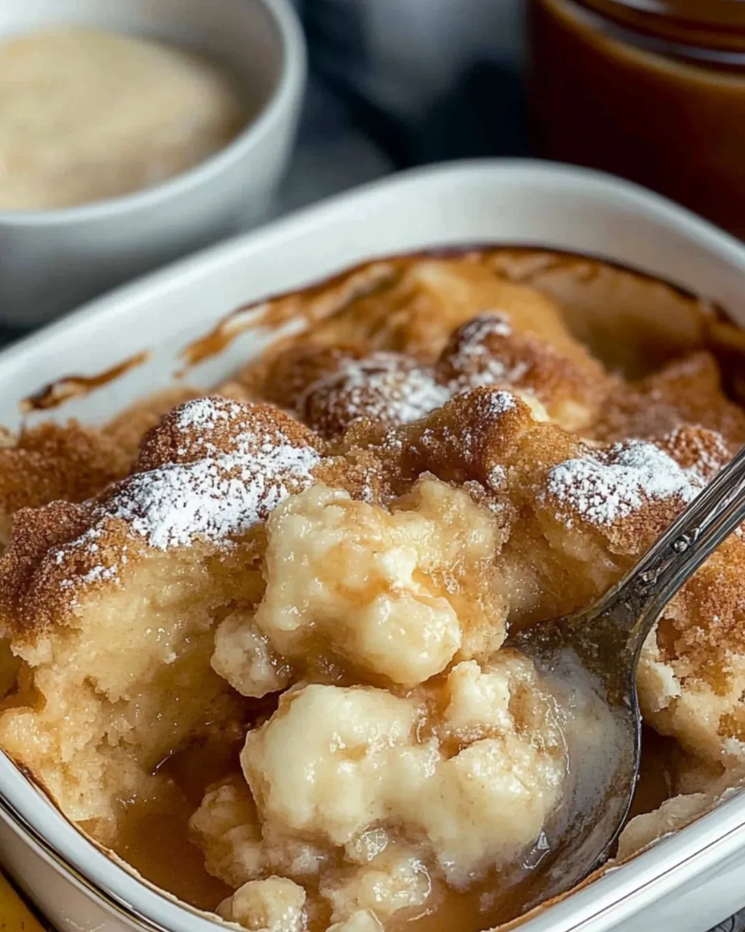 Snickerdoodle Cobbler in a white bowl topped with melting vanilla ice cream and a sprinkle of cinnamon sugar.