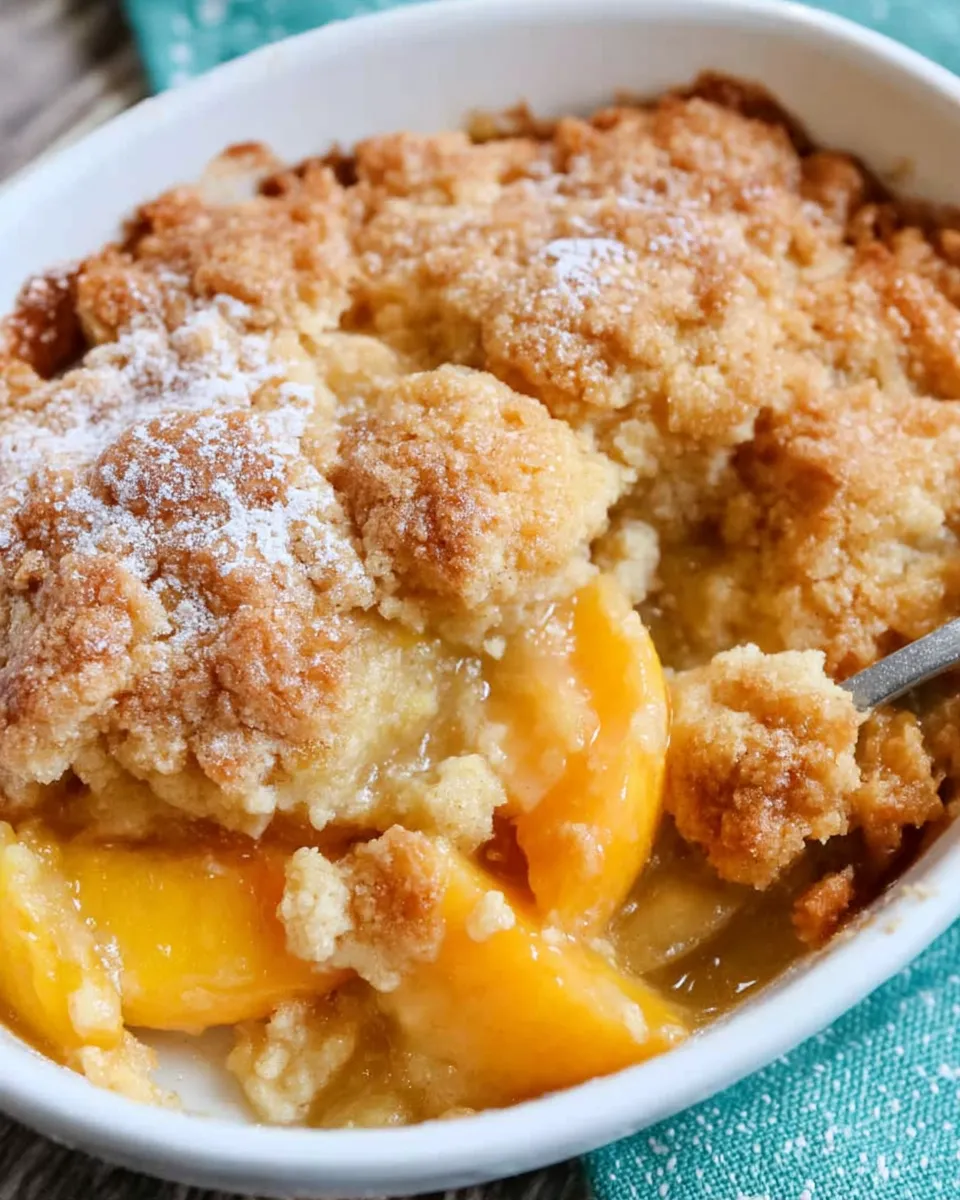 Freshly baked Southern Peach Cobbler in a baking dish with golden-brown crust and juicy peach filling.