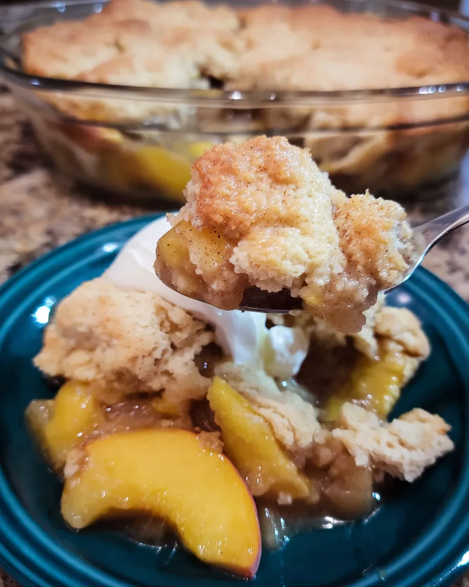 Freshly baked Southern Peach Cobbler in a baking dish with golden-brown crust and juicy peach filling.