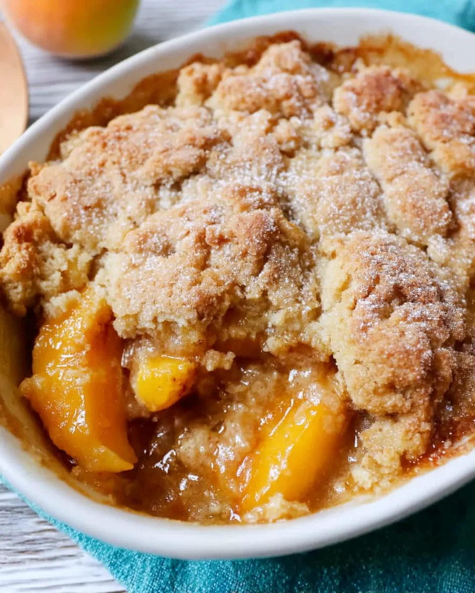 Freshly baked Southern Peach Cobbler in a baking dish with golden-brown crust and juicy peach filling.