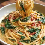 Creamy spaghetti pasta twirled with wilted spinach and sun-dried tomatoes, coated in a rich tomato cream sauce and served in a rustic bowl.