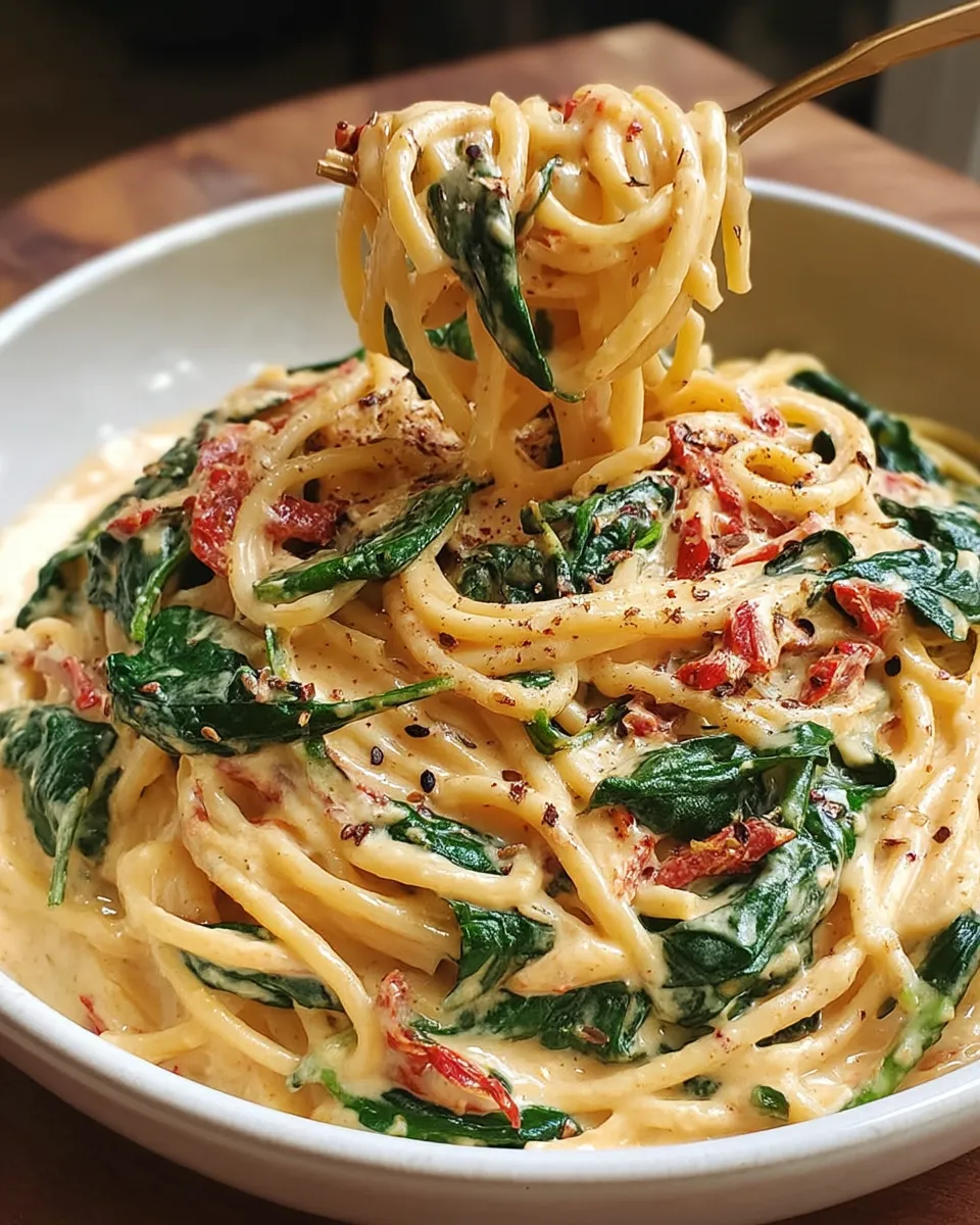 Creamy spaghetti pasta twirled with wilted spinach and sun-dried tomatoes, coated in a rich tomato cream sauce and served in a rustic bowl.