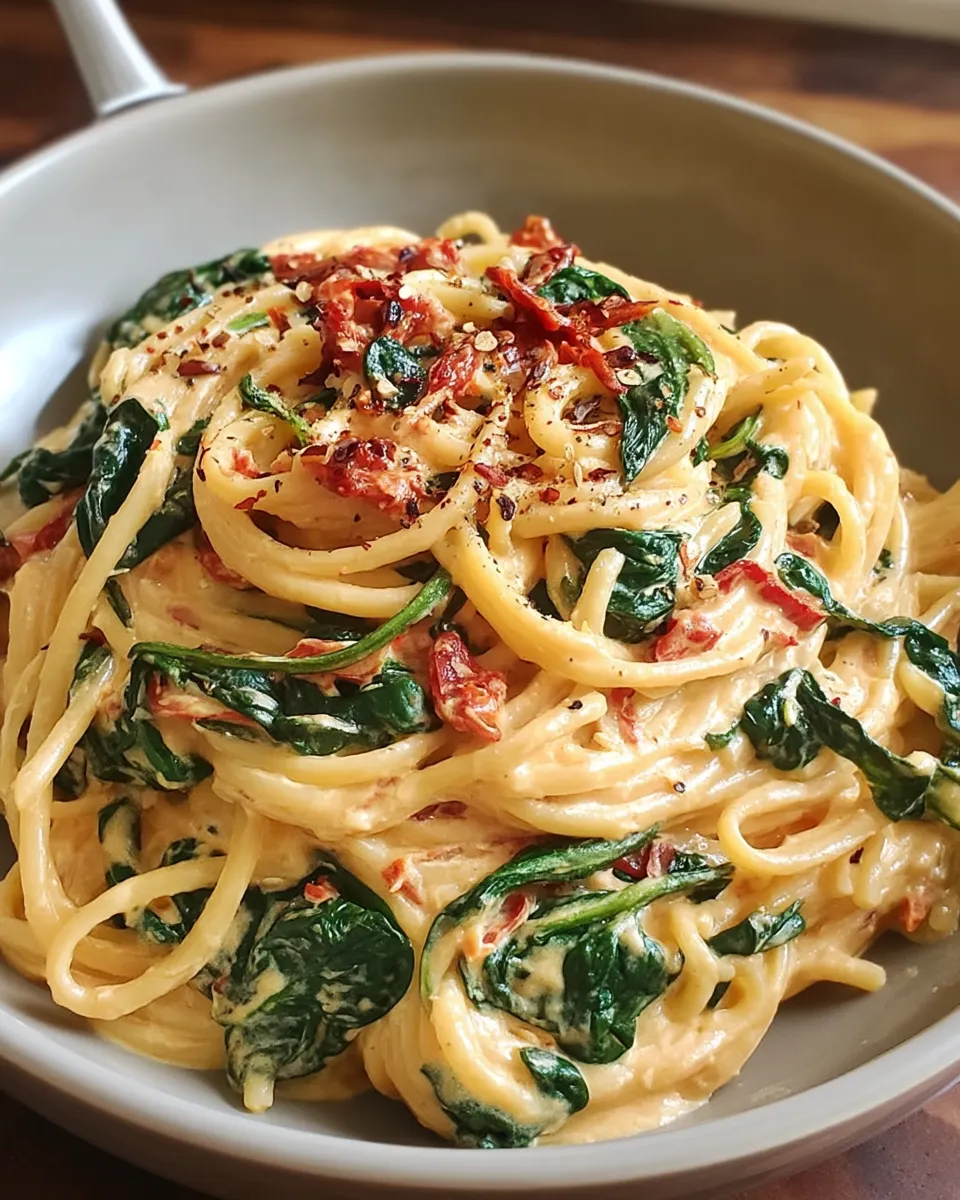 Creamy spaghetti pasta twirled with wilted spinach and sun-dried tomatoes, coated in a rich tomato cream sauce and served in a rustic bowl.