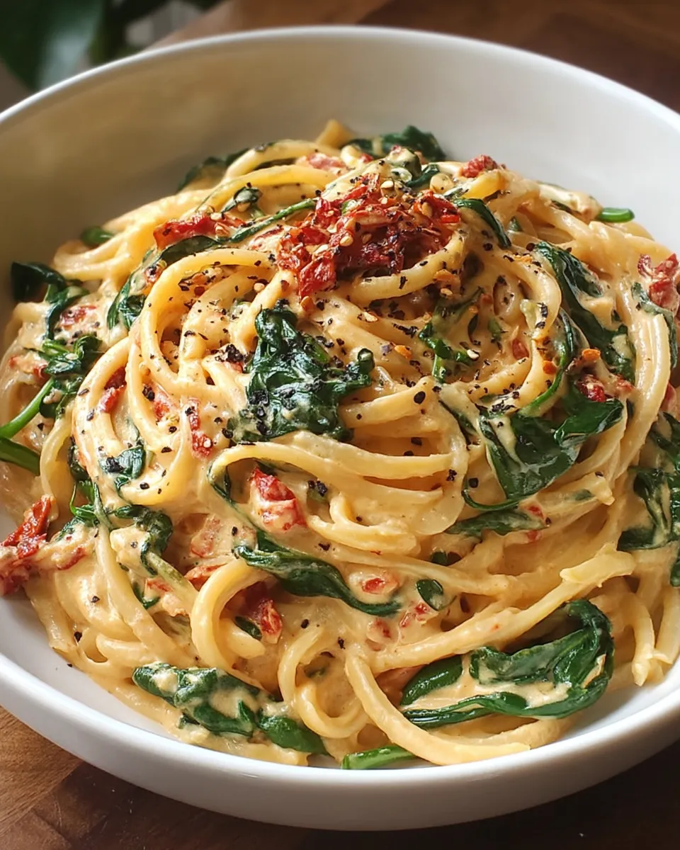 Creamy spaghetti pasta twirled with wilted spinach and sun-dried tomatoes, coated in a rich tomato cream sauce and served in a rustic bowl.