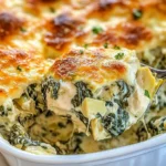 A creamy and cheesy Spinach Artichoke Chicken Casserole baked to golden perfection in a casserole dish.