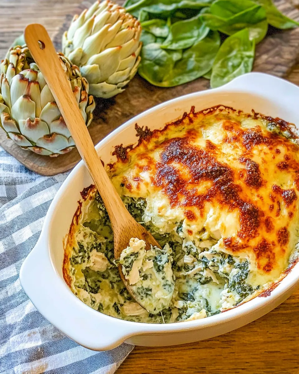 A creamy and cheesy Spinach Artichoke Chicken Casserole baked to golden perfection in a casserole dish.