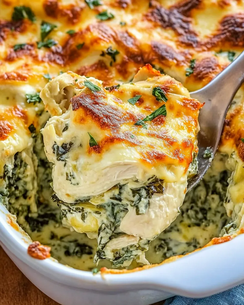 A creamy and cheesy Spinach Artichoke Chicken Casserole baked to golden perfection in a casserole dish.