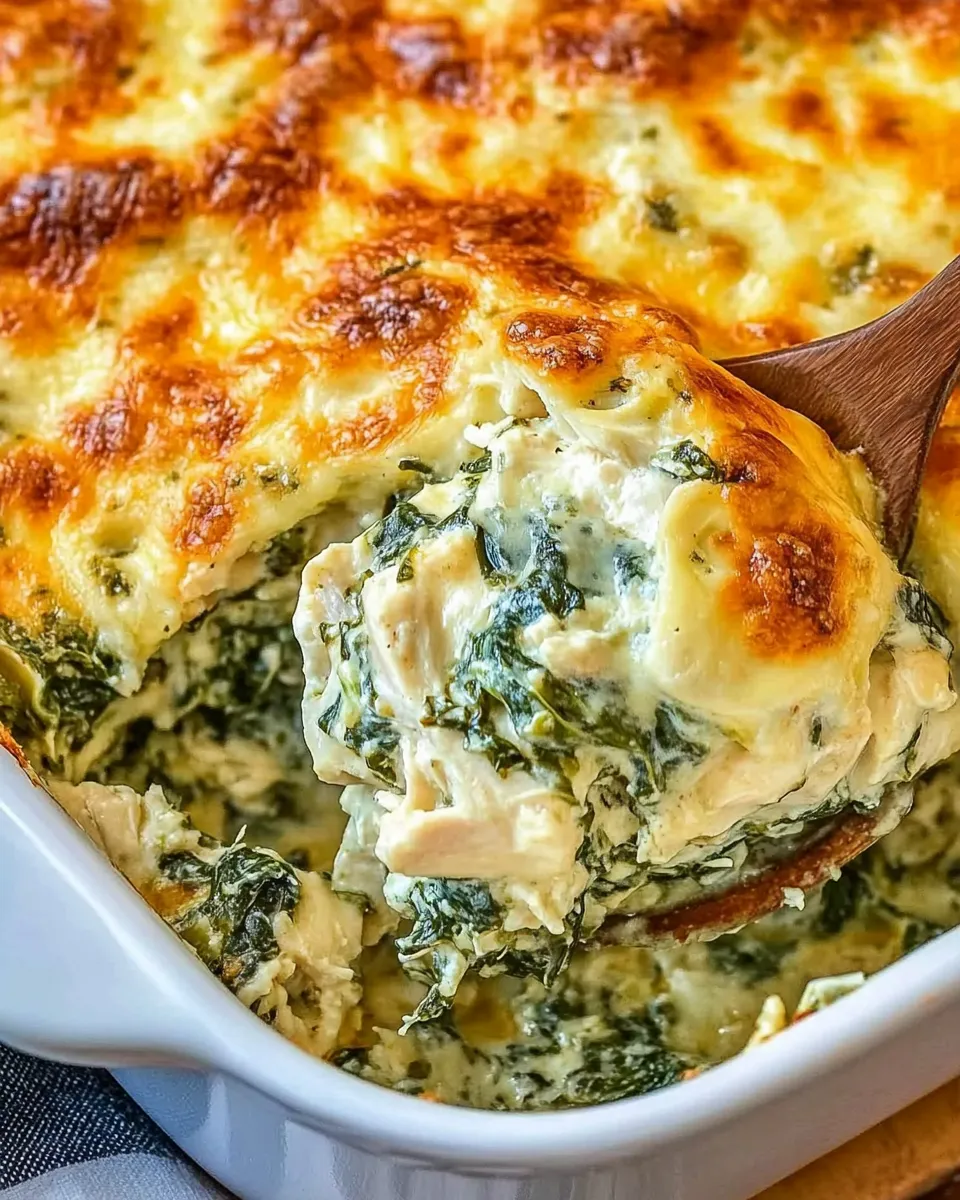 A creamy and cheesy Spinach Artichoke Chicken Casserole baked to golden perfection in a casserole dish.
