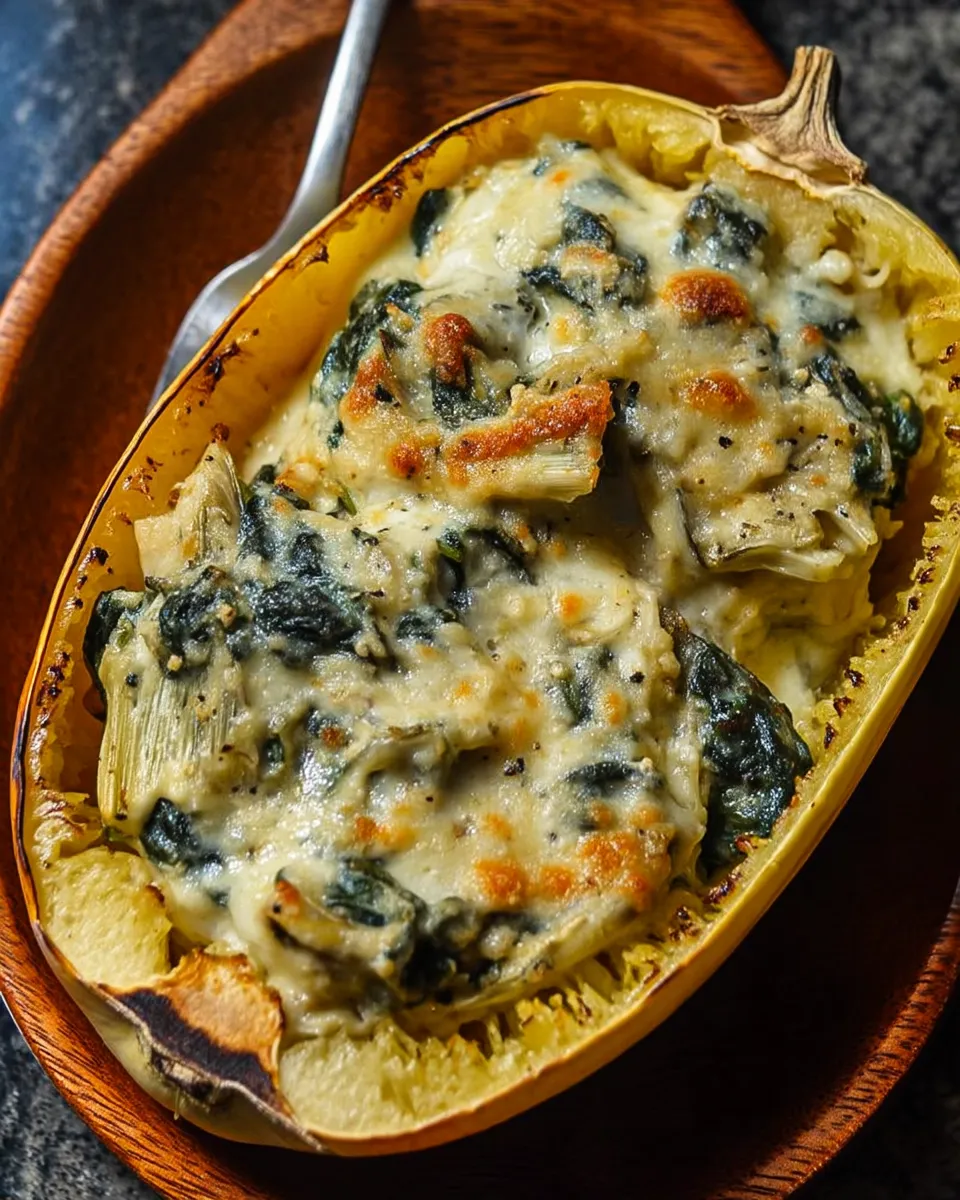Spinach and Artichoke Stuffed Spaghetti Squash served in squash shells, topped with melted cheese and herbs.
