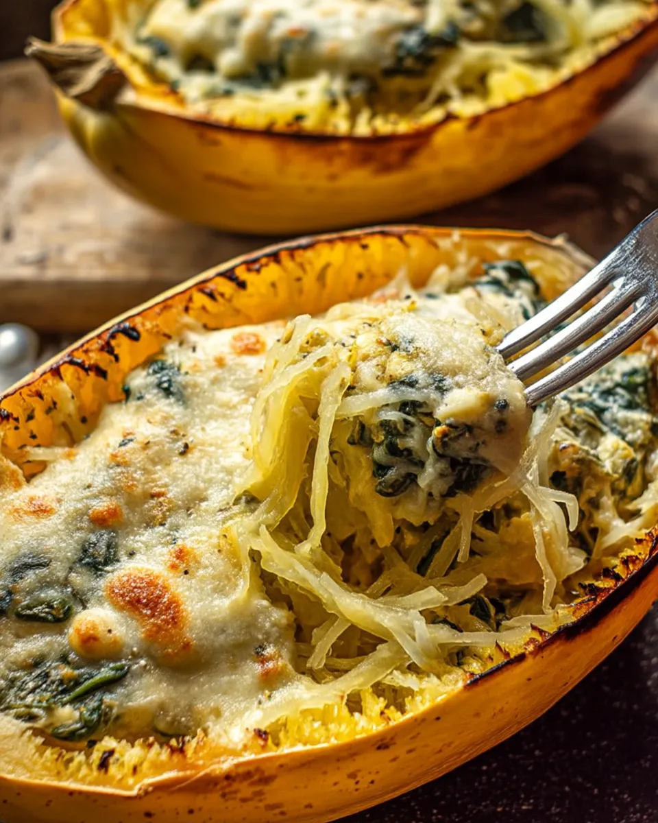 Spinach and Artichoke Stuffed Spaghetti Squash served in squash shells, topped with melted cheese and herbs.