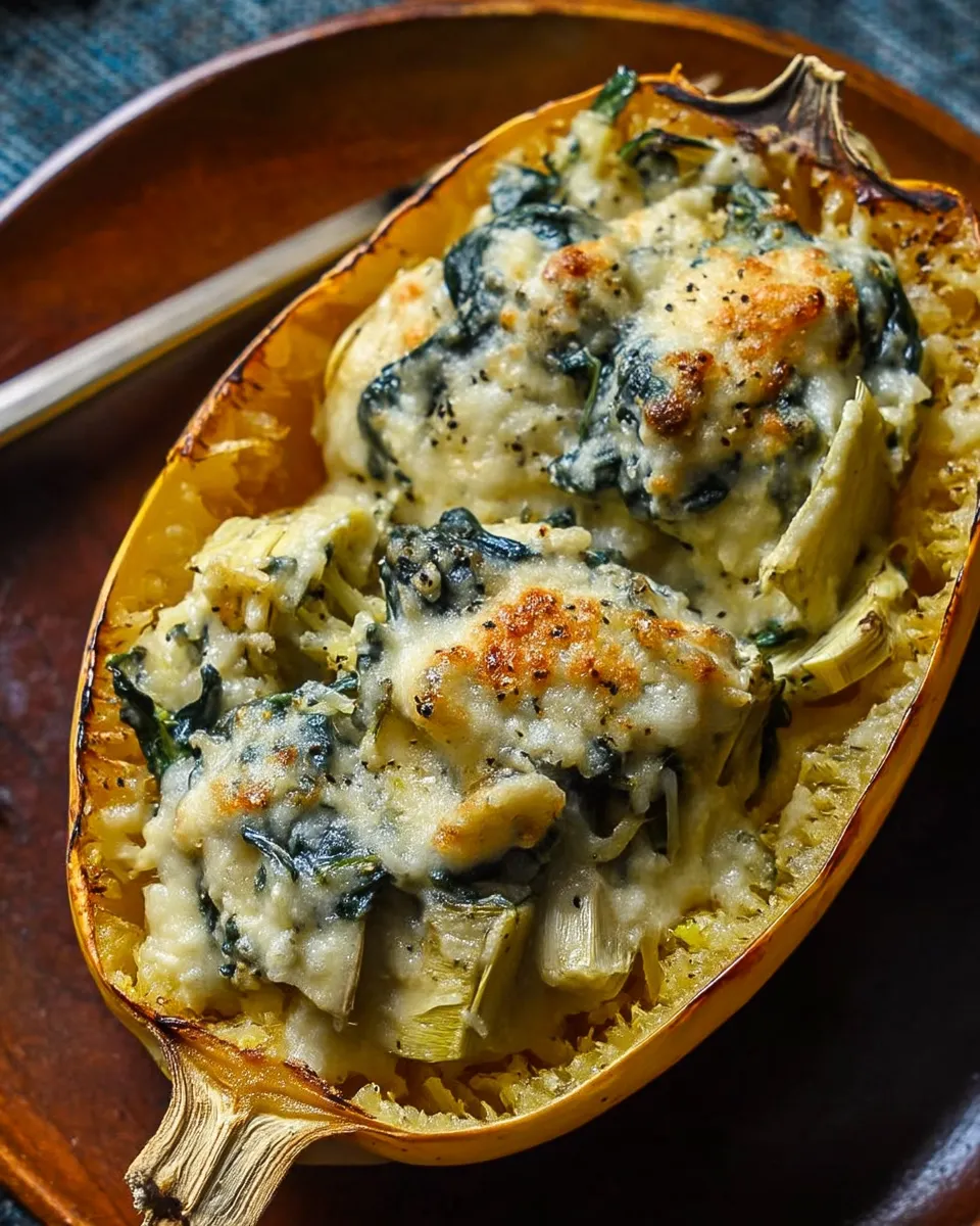 Spinach and Artichoke Stuffed Spaghetti Squash served in squash shells, topped with melted cheese and herbs.