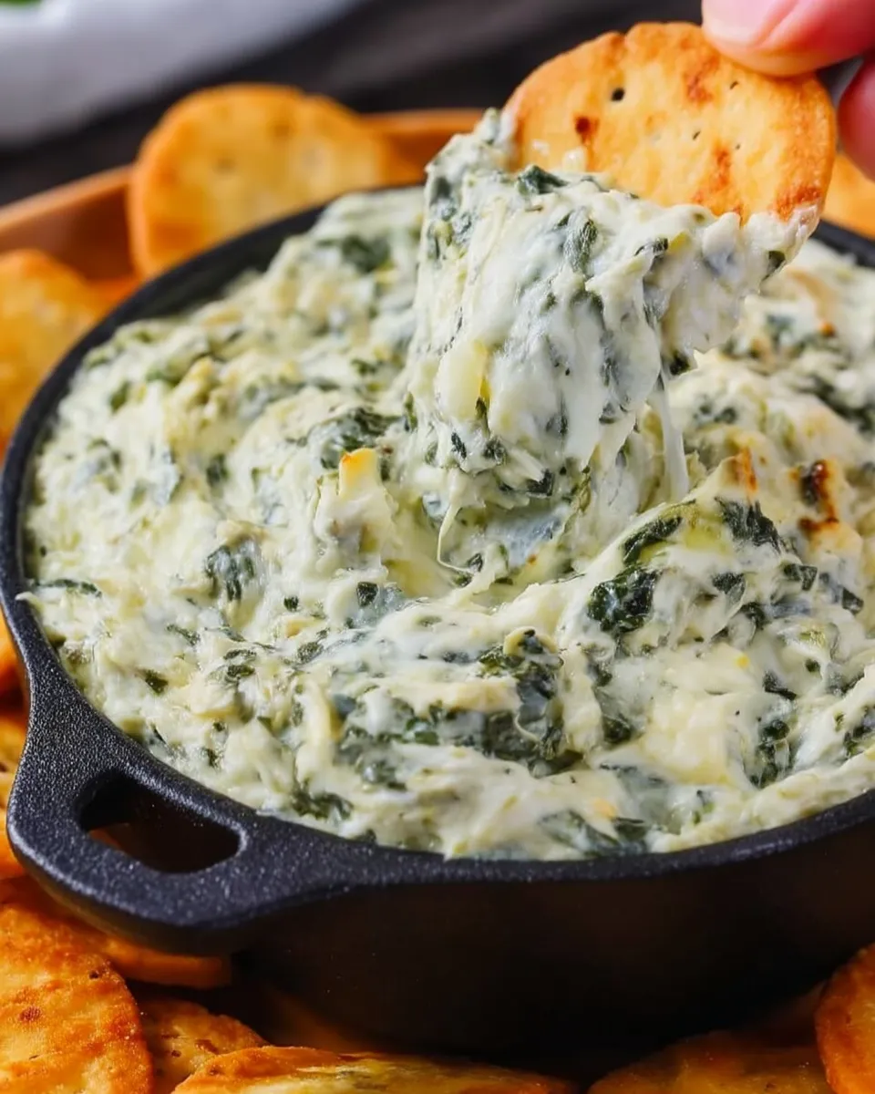 Creamy spinach artichoke dip served warm in a white baking dish, topped with melted golden cheese and ready to be scooped with bread or chips.