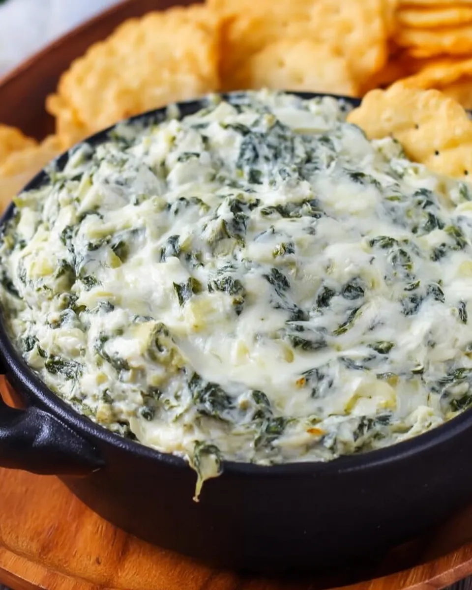 Creamy spinach artichoke dip served warm in a white baking dish, topped with melted golden cheese and ready to be scooped with bread or chips.