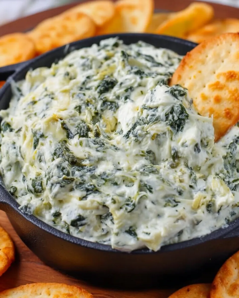 Creamy spinach artichoke dip served warm in a white baking dish, topped with melted golden cheese and ready to be scooped with bread or chips.