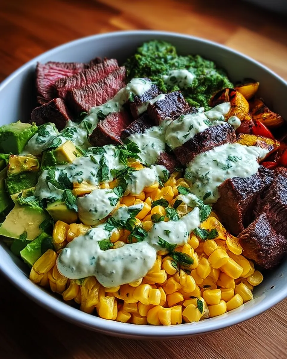 A vibrant bowl filled with juicy steak slices, creamy avocado, roasted corn, and a drizzle of cilantro cream sauce.