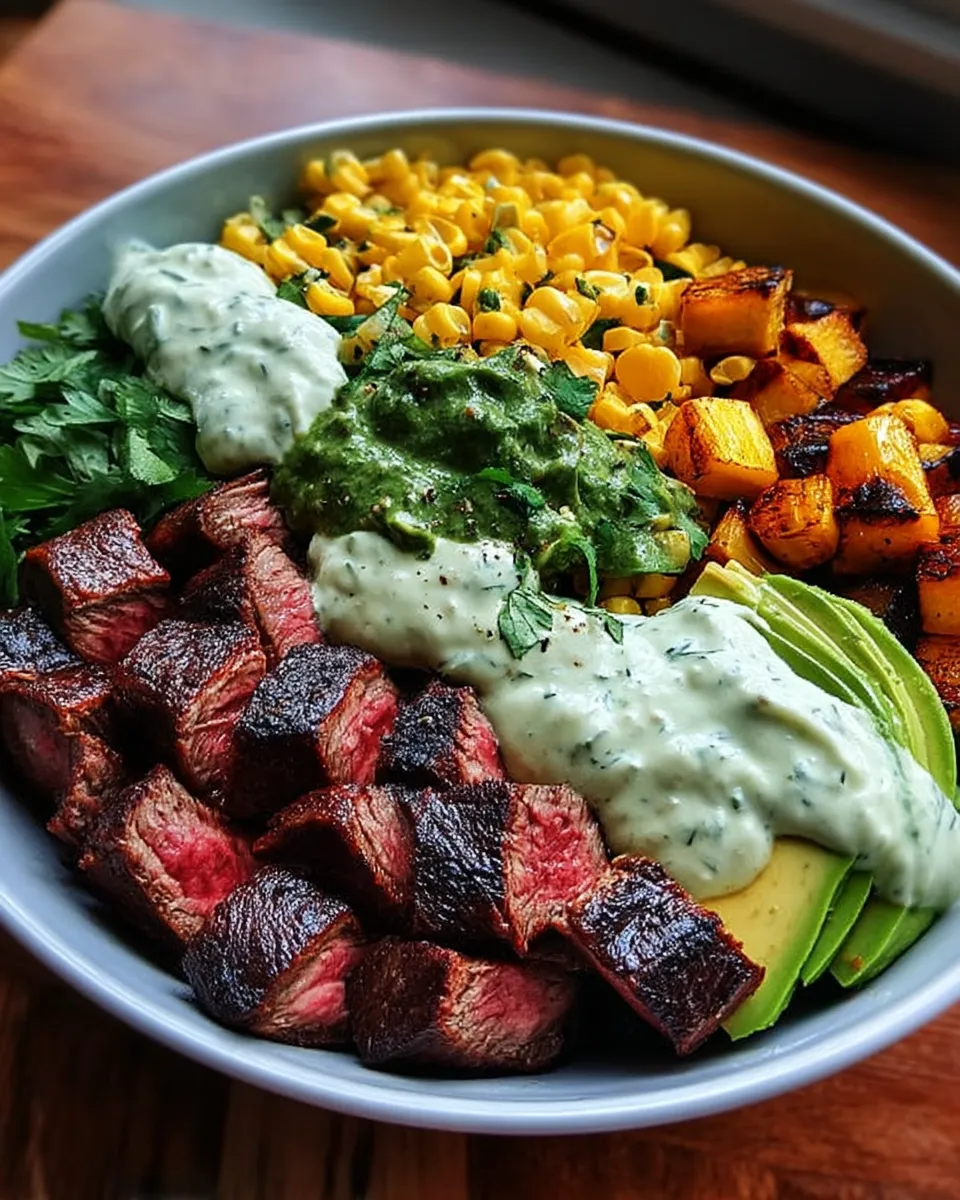 A vibrant bowl filled with juicy steak slices, creamy avocado, roasted corn, and a drizzle of cilantro cream sauce.