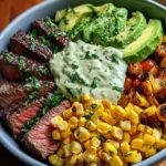 A vibrant bowl filled with juicy steak slices, creamy avocado, roasted corn, and a drizzle of cilantro cream sauce.