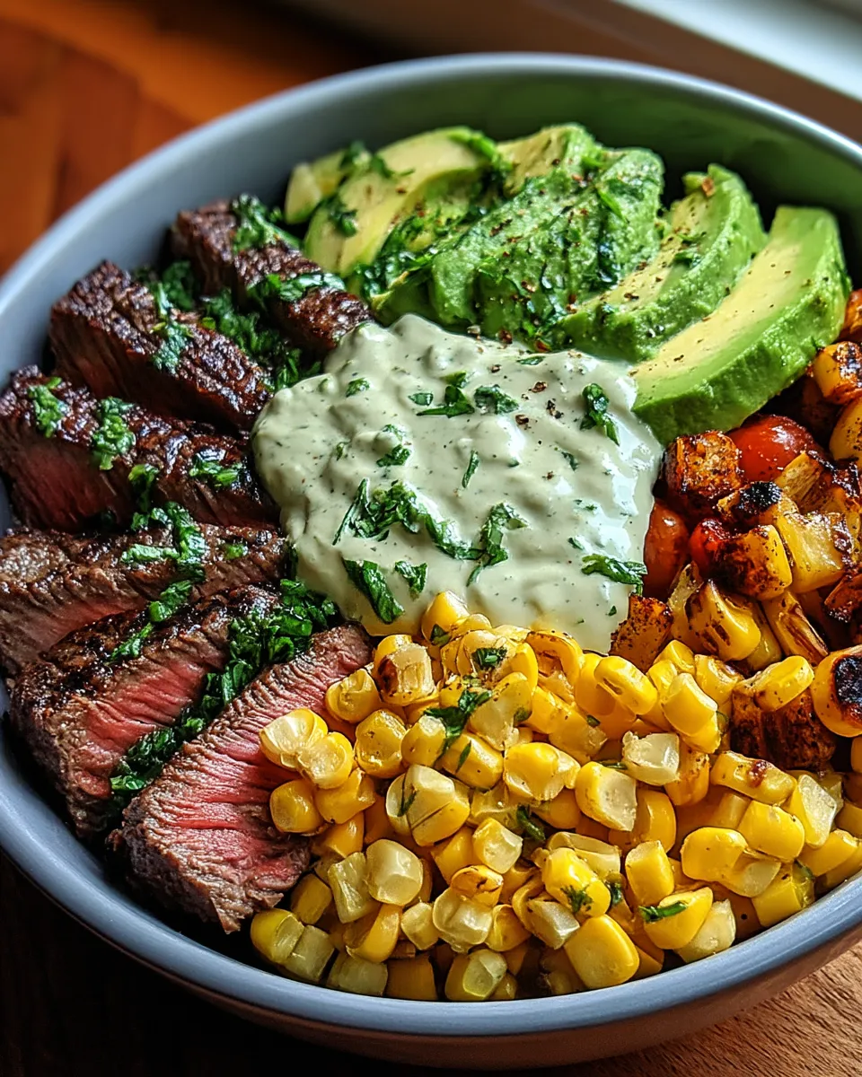 A vibrant bowl filled with juicy steak slices, creamy avocado, roasted corn, and a drizzle of cilantro cream sauce.