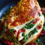 Close-up of juicy chicken breasts stuffed with sun-dried tomatoes, spinach, and melted cheese, sliced to reveal a savory filling, garnished with herbs.