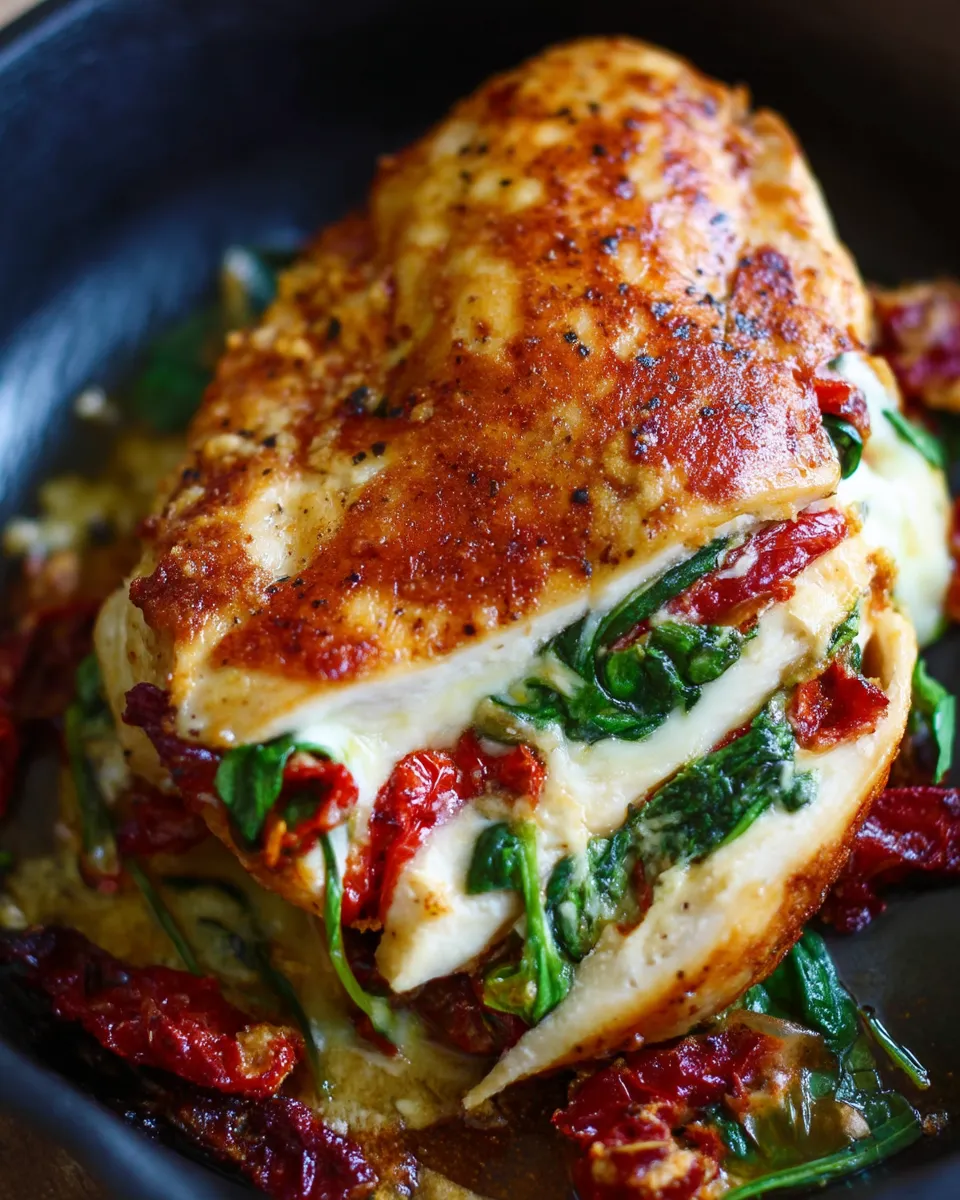 Close-up of juicy chicken breasts stuffed with sun-dried tomatoes, spinach, and melted cheese, sliced to reveal a savory filling, garnished with herbs.