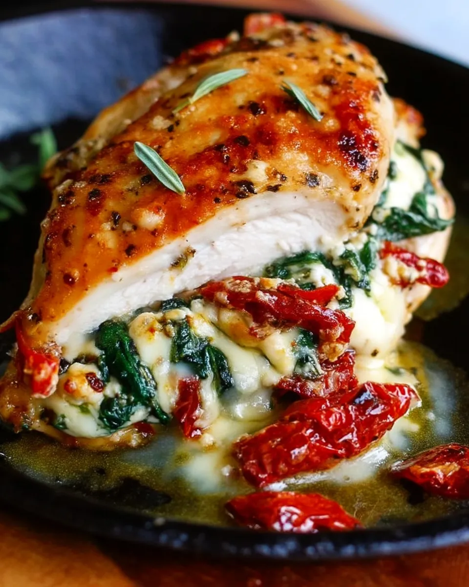 Close-up of juicy chicken breasts stuffed with sun-dried tomatoes, spinach, and melted cheese, sliced to reveal a savory filling, garnished with herbs.