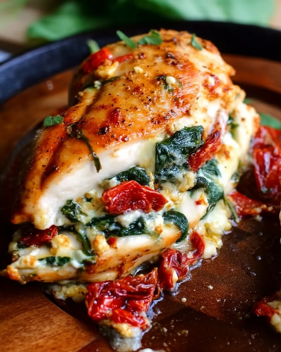 Close-up of juicy chicken breasts stuffed with sun-dried tomatoes, spinach, and melted cheese, sliced to reveal a savory filling, garnished with herbs.
