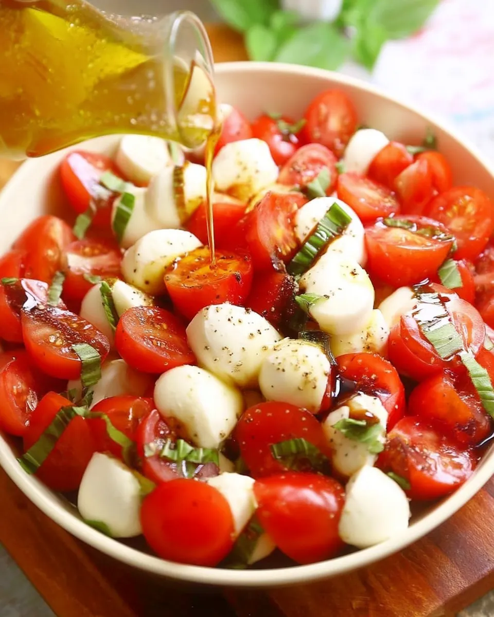 Fresh Caprese salad with ripe tomatoes, mozzarella slices, fresh basil, and a drizzle of balsamic glaze on a white plate.