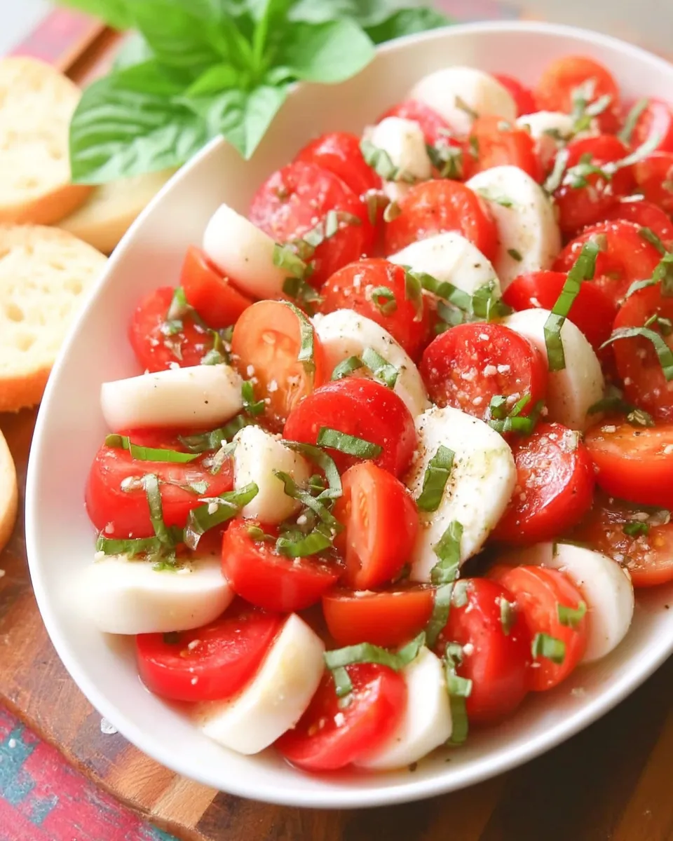 Fresh Caprese salad with ripe tomatoes, mozzarella slices, fresh basil, and a drizzle of balsamic glaze on a white plate.