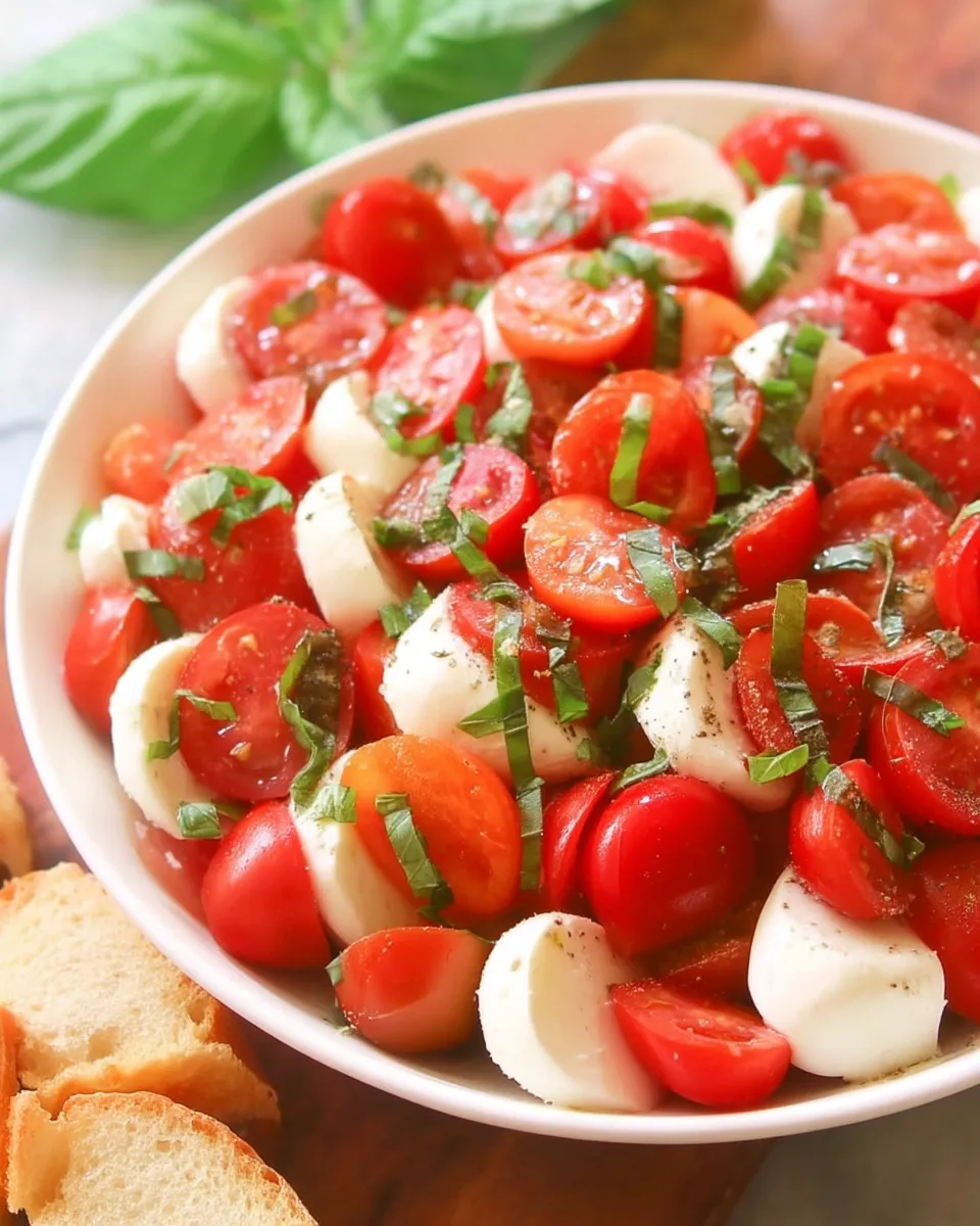 Fresh Caprese salad with ripe tomatoes, mozzarella slices, fresh basil, and a drizzle of balsamic glaze on a white plate.