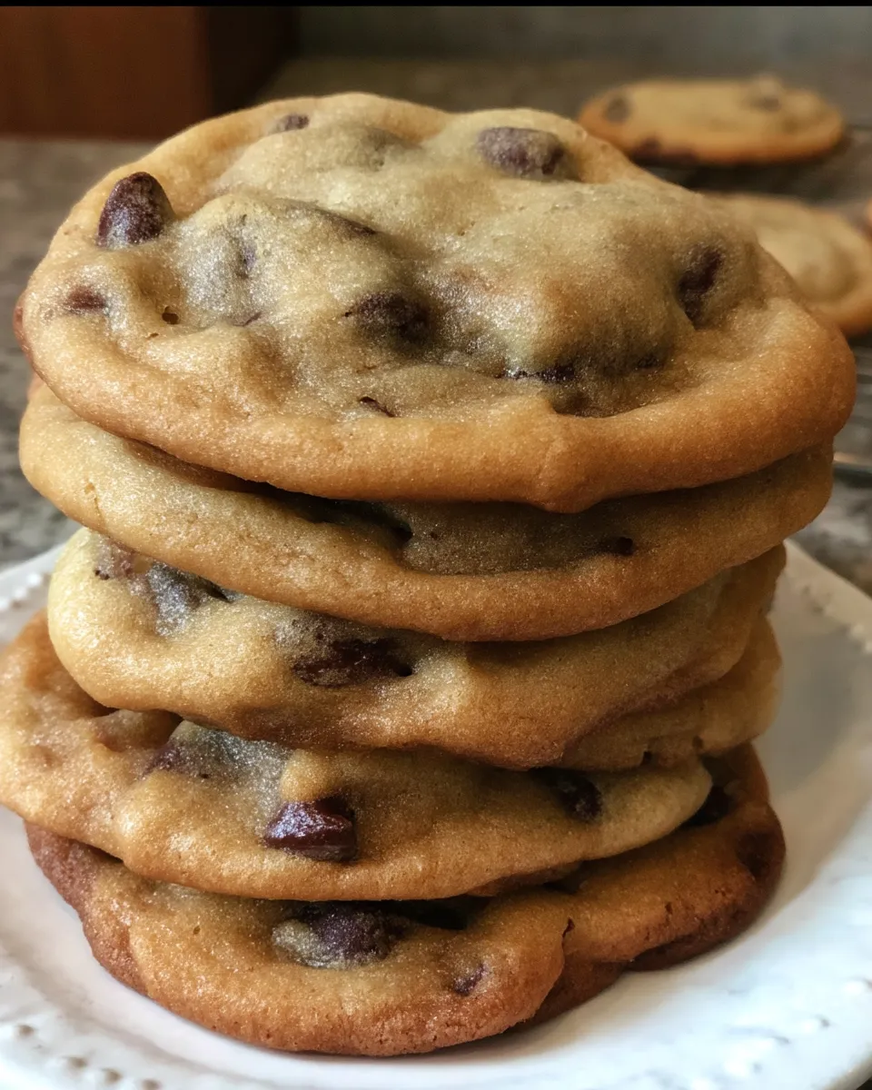 A stack of golden brown homemade chocolate chip cookies with gooey melted chocolate and crisp edges on a cooling rack.