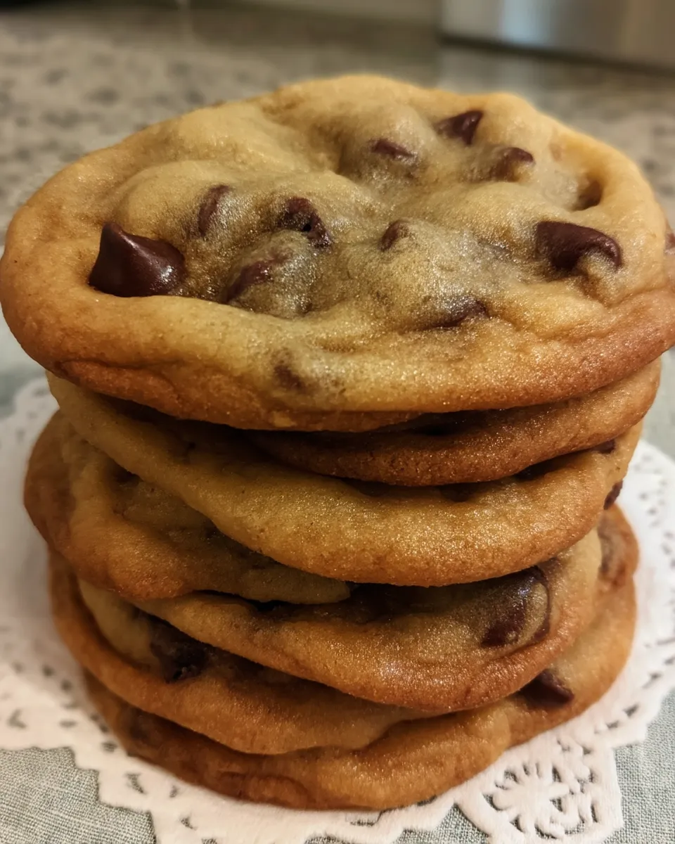 A stack of golden brown homemade chocolate chip cookies with gooey melted chocolate and crisp edges on a cooling rack.