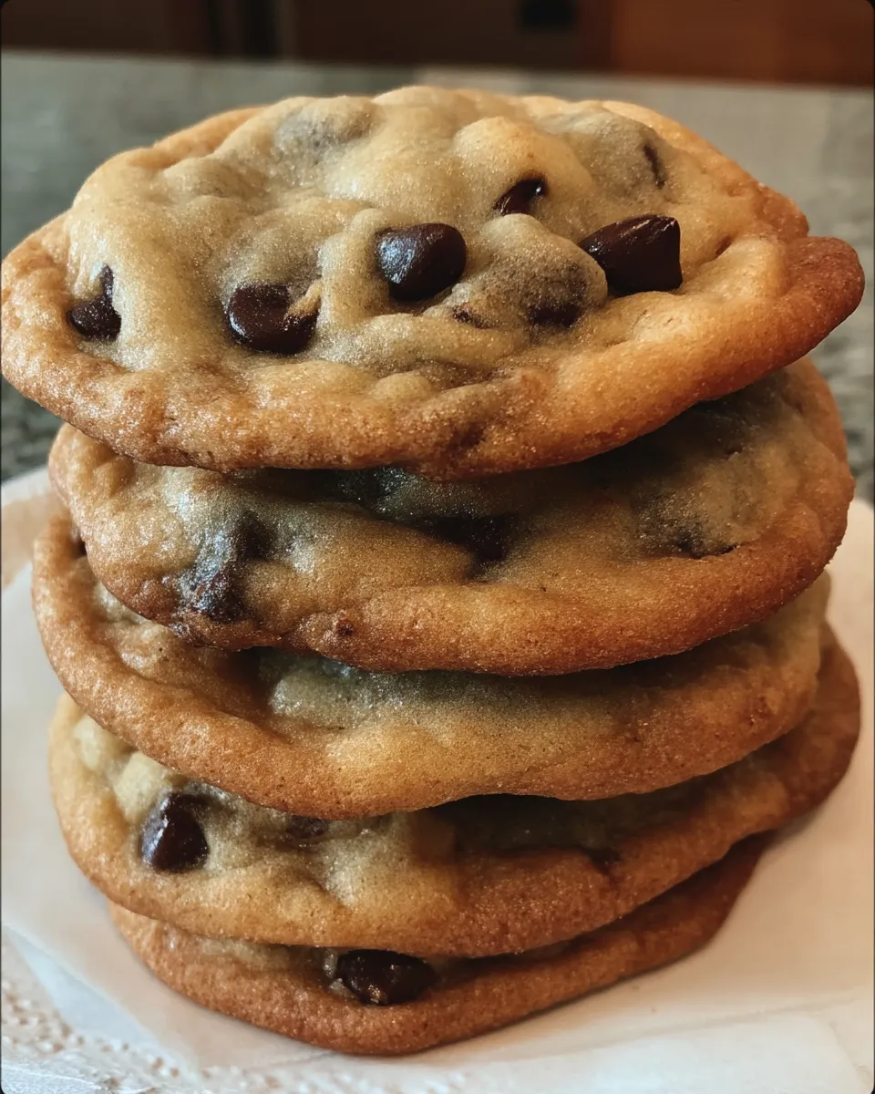 A stack of golden brown homemade chocolate chip cookies with gooey melted chocolate and crisp edges on a cooling rack.